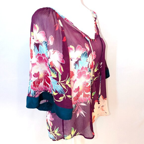 Express	| Sheer Kimono Sleeve Purple Tropical Floral Print Blouse | Size Small - Picture 4 of 15